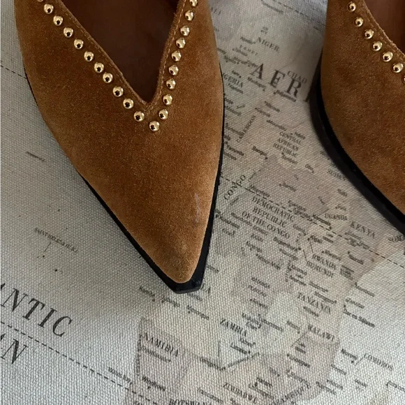 Jeffrey Campbell Free People Studded Suede Chunky Heels Size 9.5 Carmel/Gold - Picture 3 of 11